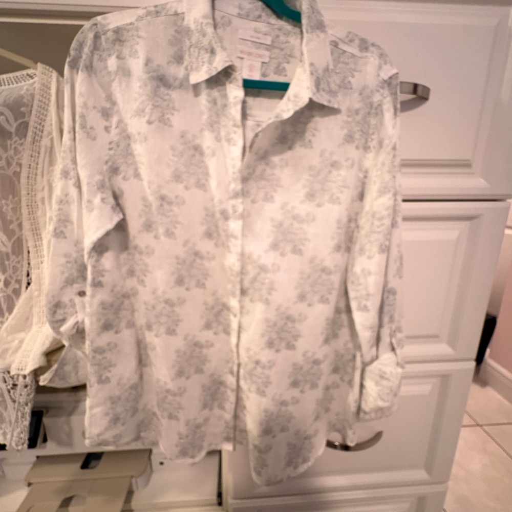 Shabby Chic Cream Linen Top with Teal Accent